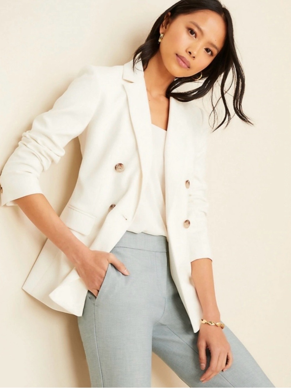 Ann Taylor Long Double Breasted Blazer White NWT Size 10